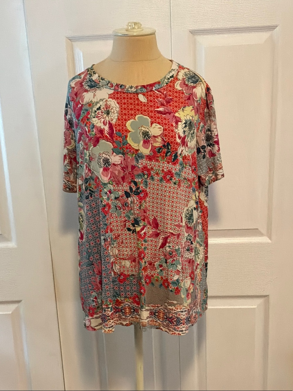 Johnny Was Coral Multi Floral Patchwork Tee